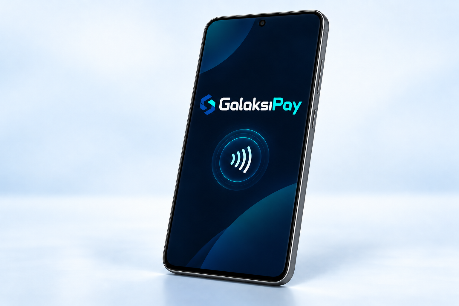 Ekranında GalaksiPay logosu ve temassız ödeme simgesi bulunan SoftPOS telefon görseli